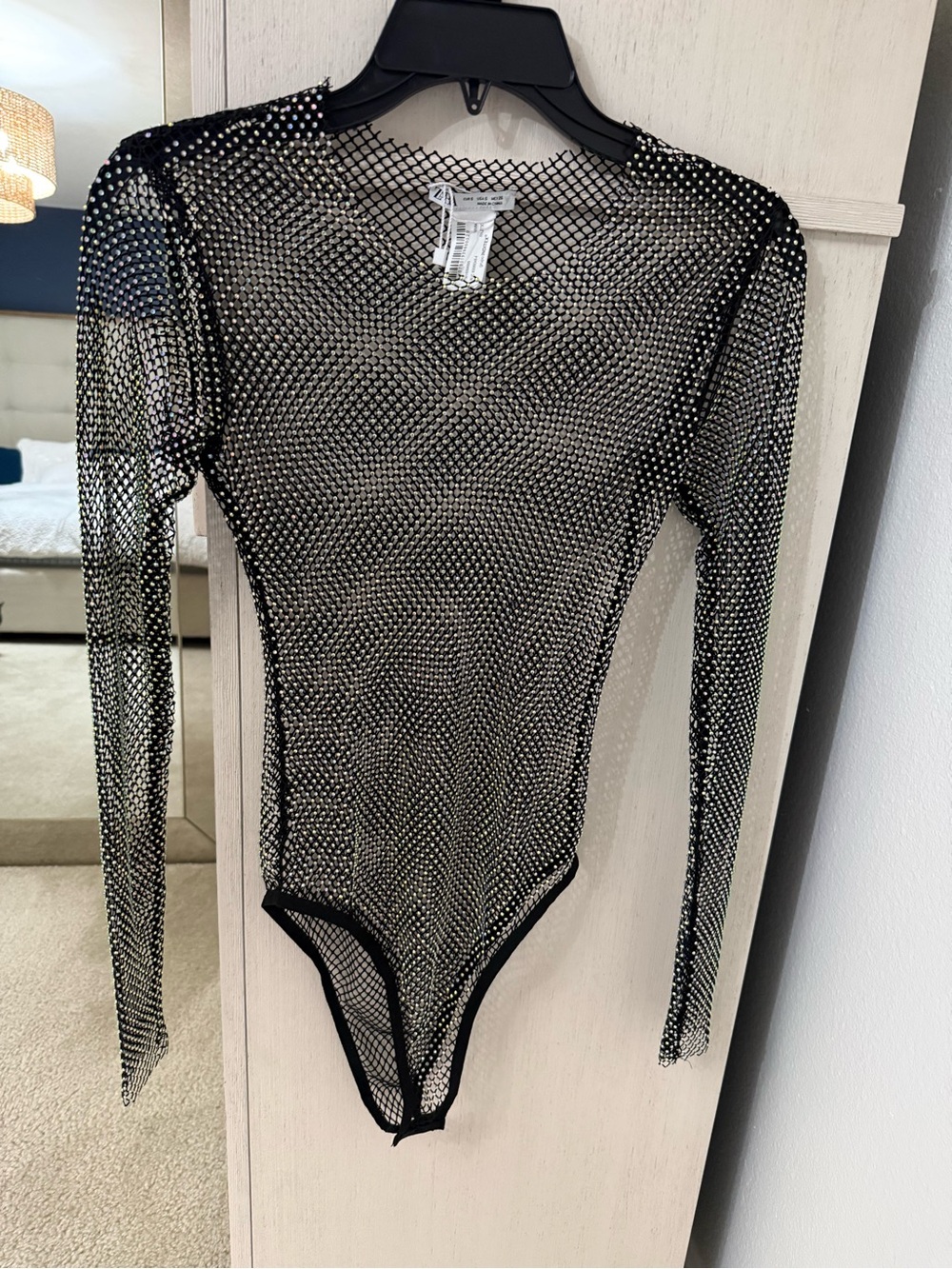 Zara Rhinestone Mesh Long Sleeve Bodysuit - Black/Silver